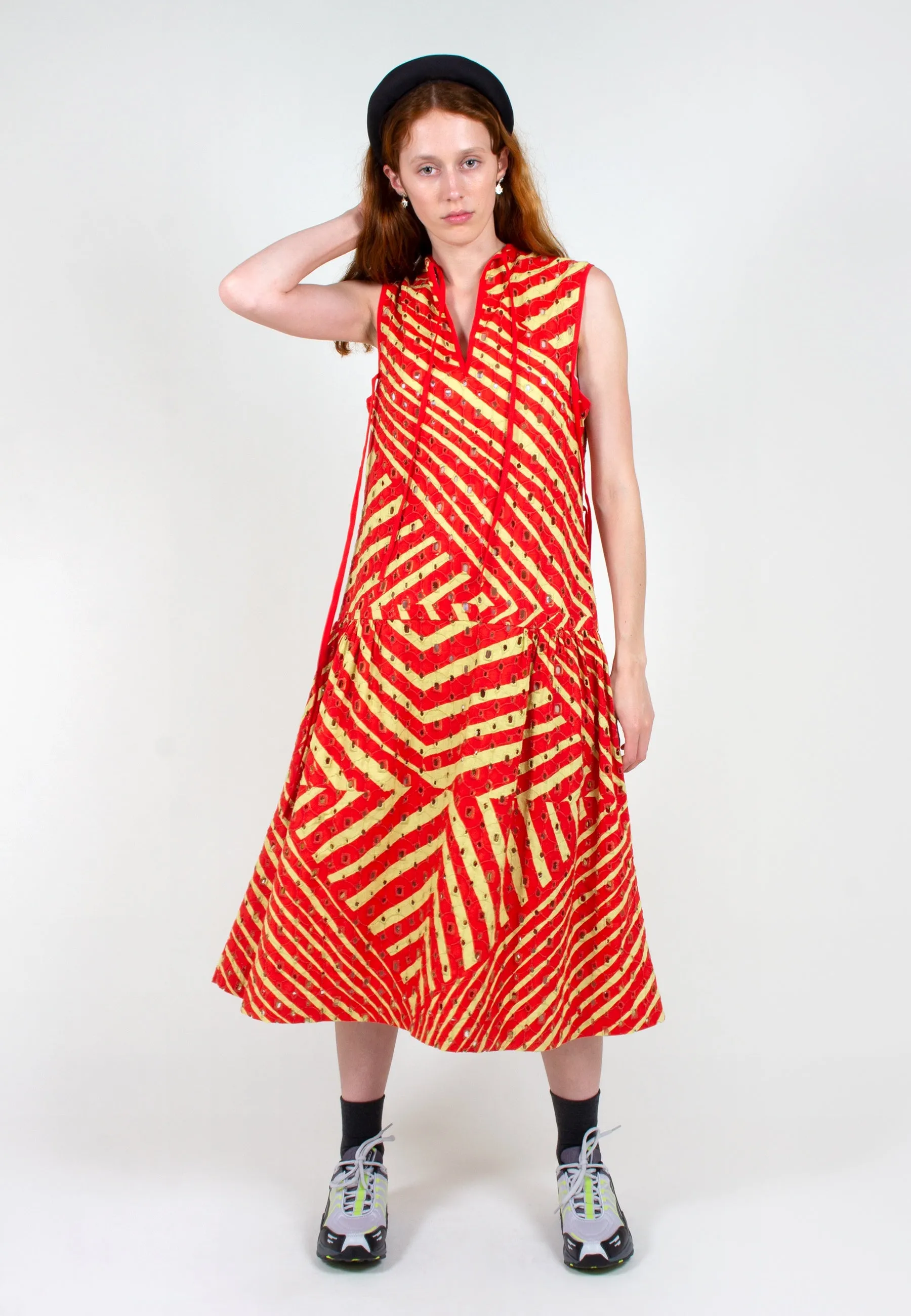 Broderie Dress Continuity Print - yellow/red