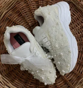 Funky N Trendy 3 inch heel white pearl hand work sneakers / bridal sneakers/ sneaker for bride / white sneakers/ pearl sneakers for bride