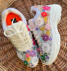 FUNKY N TRENDY fully hand crafted floral work with beads rhinestones cutdana etc /bridal sneakers / bridesmaid sneakers/ floral sneakers /colorful sneakers /bridal shoes / haldi mahendi shoes/ multi color shoes / purple shoes