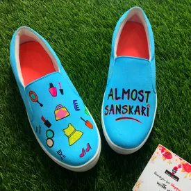 Funky N Trendy hand painted water resistant Almost Sanskari theme slip on shoes/ handpainted shoes/ women shoes / funky shoes/ blue shoes / funky handpainted shoes