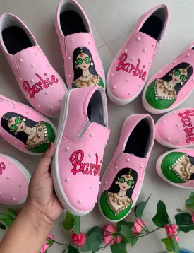 Funky N Trendy hand painted water resistant “Barbie” wedding theme shoes for bride/ bridesmaid/ pink shoes / pink sneakers / pink slip ons