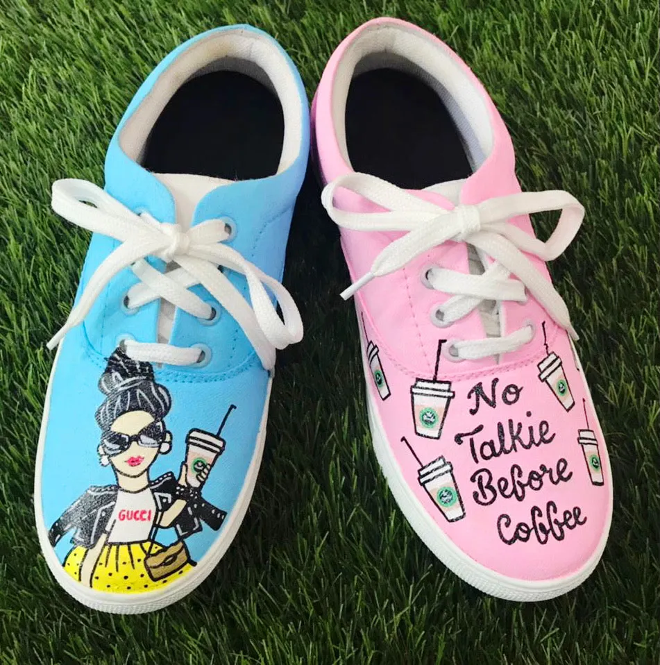 Funky N Trendy hand painted water resistant No Talkie Before Coffee theme casual shoes