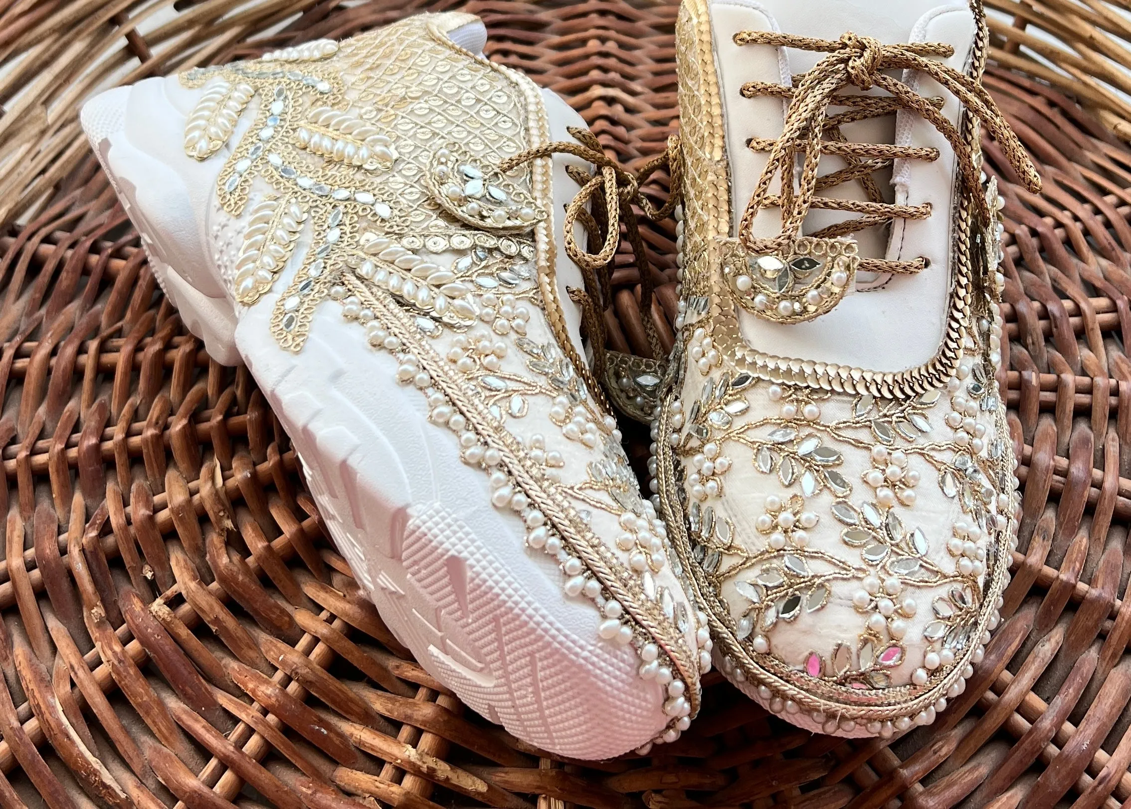 Funky N Trendy ivory /  embroidery work bridal sneakers/ bridesmaid sneaker / hancrafted sneakers / gold sneakers / golden sneakers/ mirror sneakers / pearl sneakers