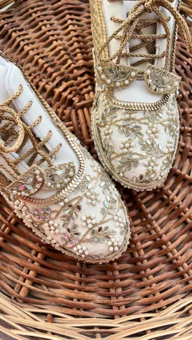 Funky N Trendy ivory /  embroidery work bridal sneakers/ bridesmaid sneaker / hancrafted sneakers / gold sneakers / golden sneakers/ mirror sneakers / pearl sneakers