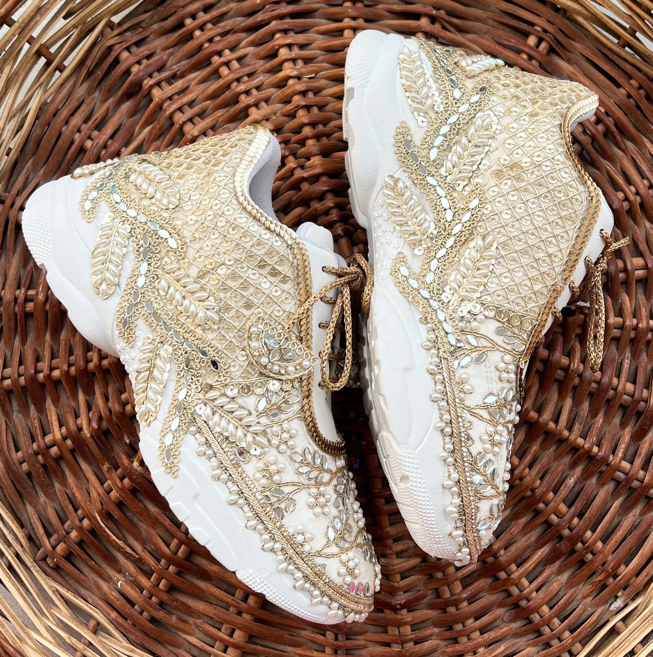 Funky N Trendy ivory /  embroidery work bridal sneakers/ bridesmaid sneaker / hancrafted sneakers / gold sneakers / golden sneakers/ mirror sneakers / pearl sneakers