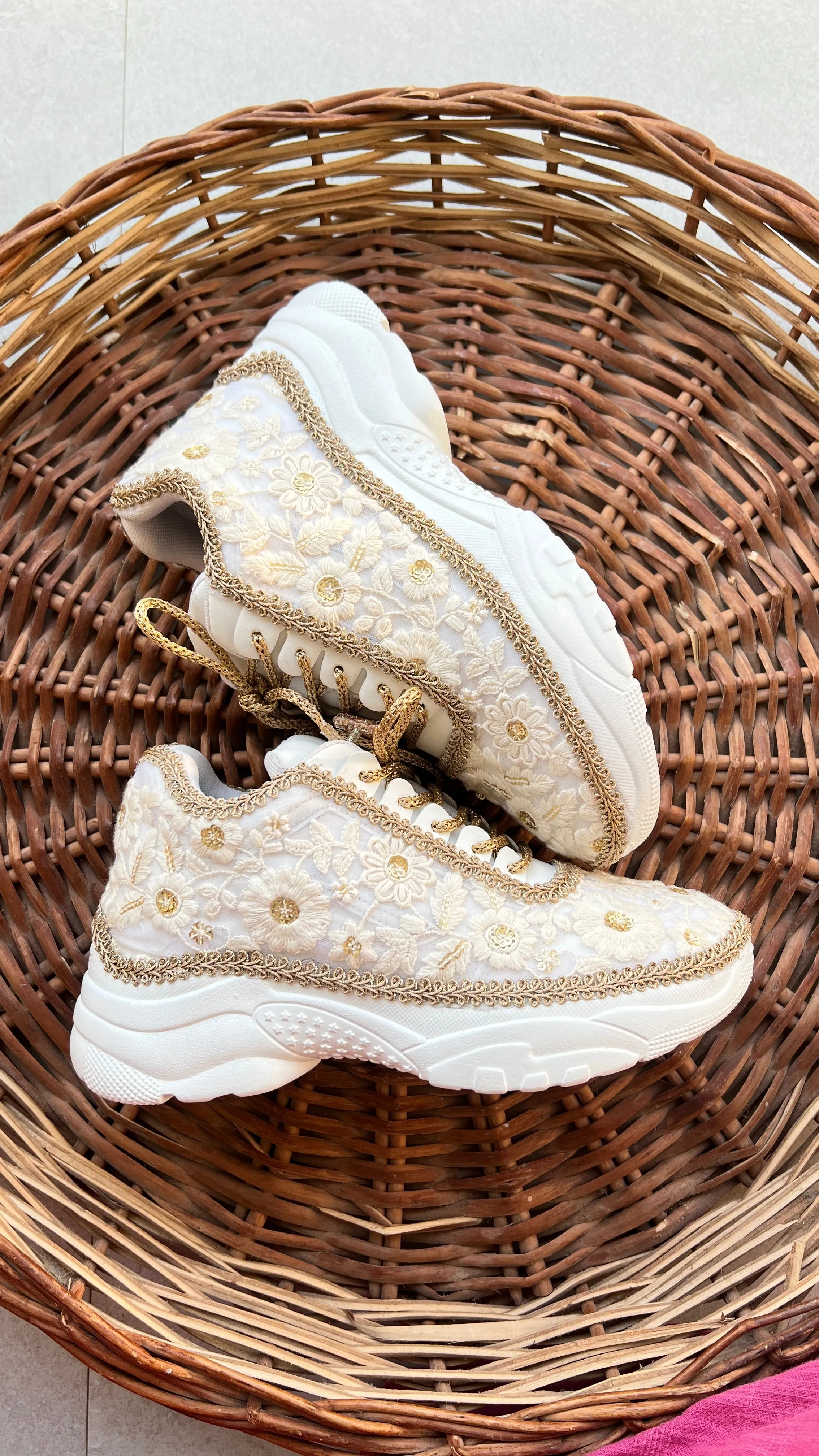 Funky N Trendy ivory / off white embroidery work bridal sneakers/ bridesmaid sneaker / hancrafted sneakers / gold sneakers / golden sneakers/ white sneakers / white shoes