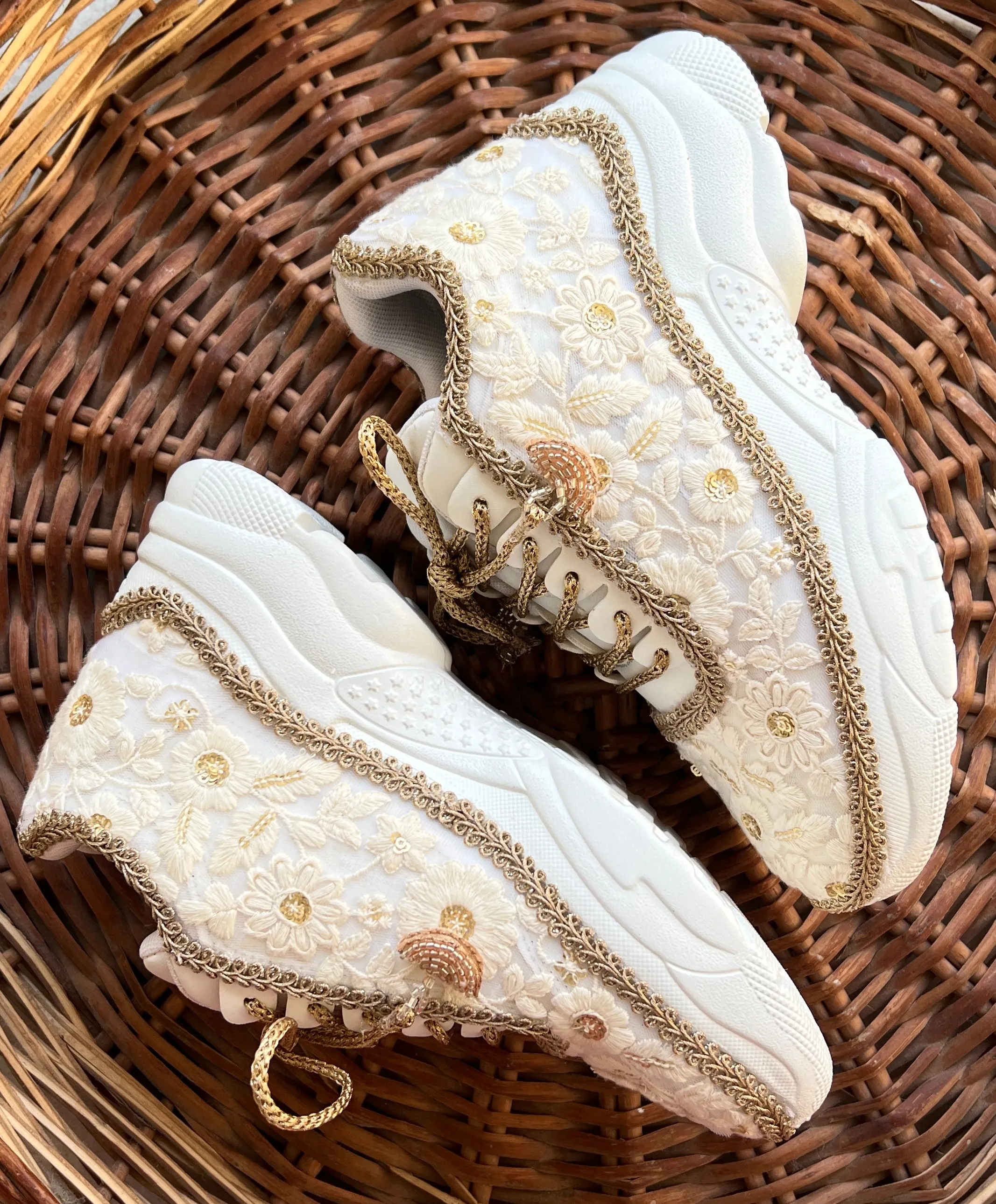 Funky N Trendy ivory / off white embroidery work bridal sneakers/ bridesmaid sneaker / hancrafted sneakers / gold sneakers / golden sneakers/ white sneakers / white shoes