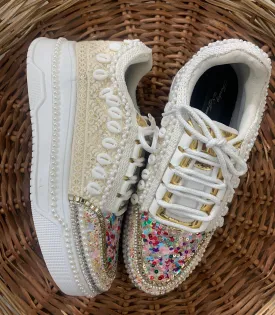 FUNKY N TRENDY ivory sneakers with multi colored detailing for brides /bridesmaids / sneakers for bridesmaids/ handcrafted sneakers/ sequine sneakers / bridal sneakers / bridesmaid sneakers/ ivory sneakers / shell shoes