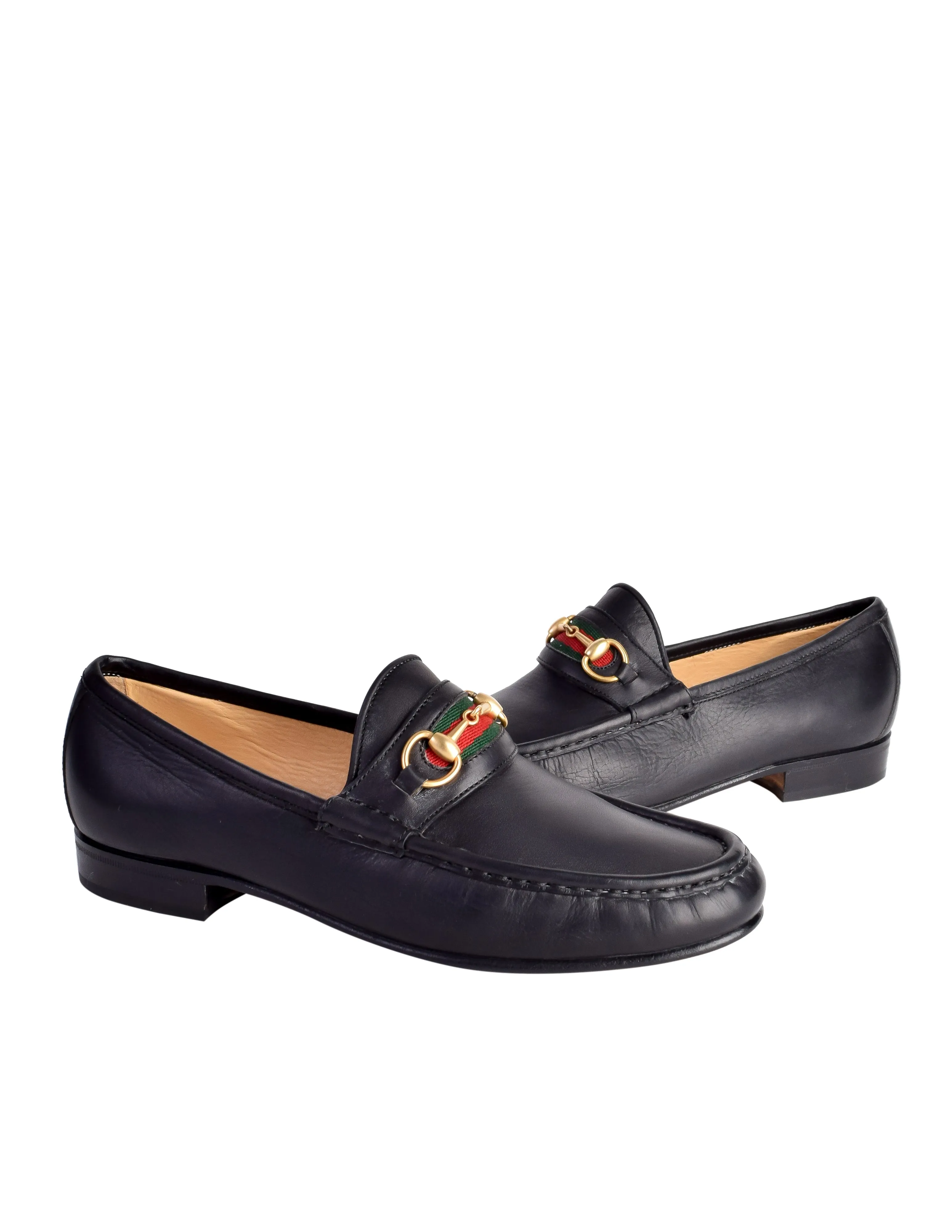 Gucci Vintage Iconic Classic Web Stripe Horsebit Black Leather Loafers