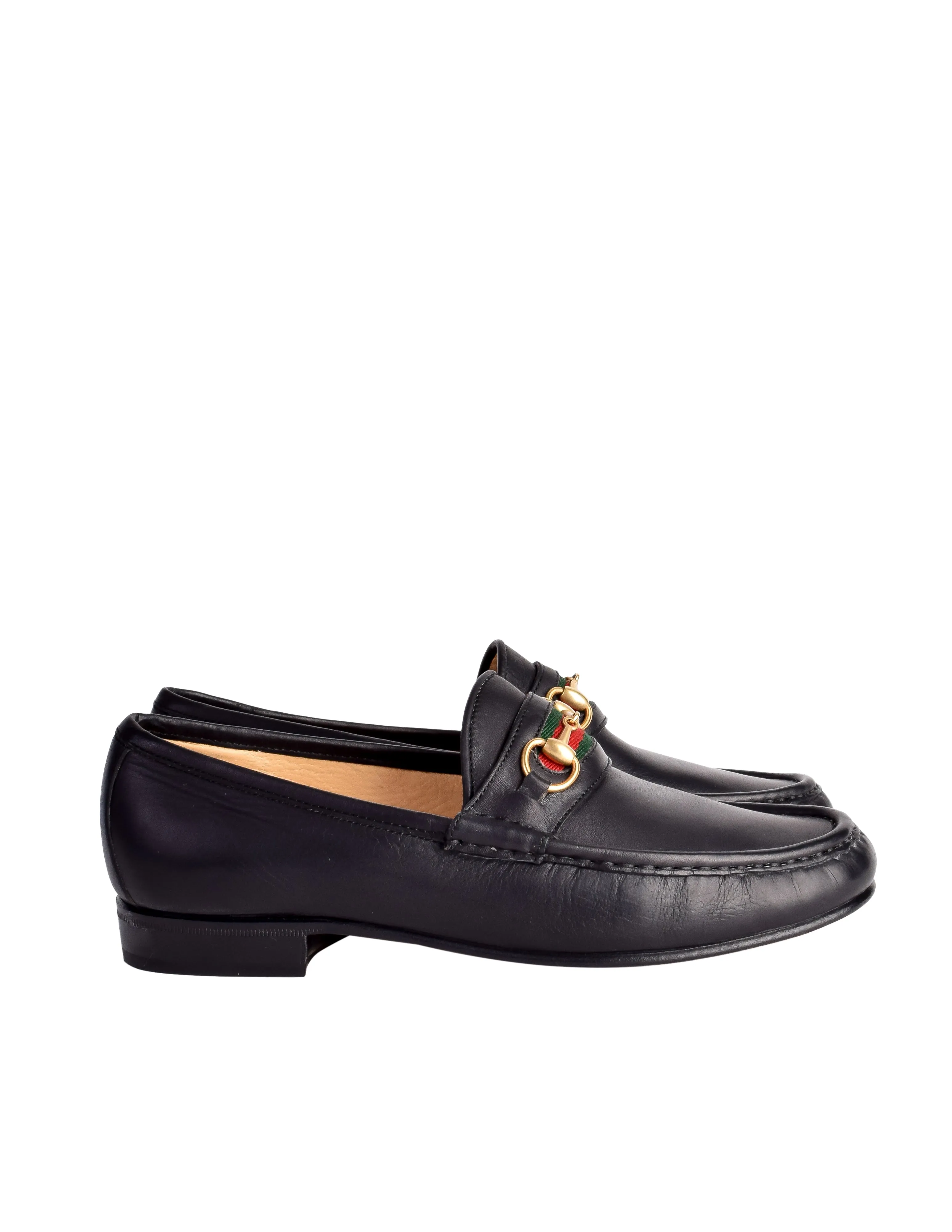 Gucci Vintage Iconic Classic Web Stripe Horsebit Black Leather Loafers