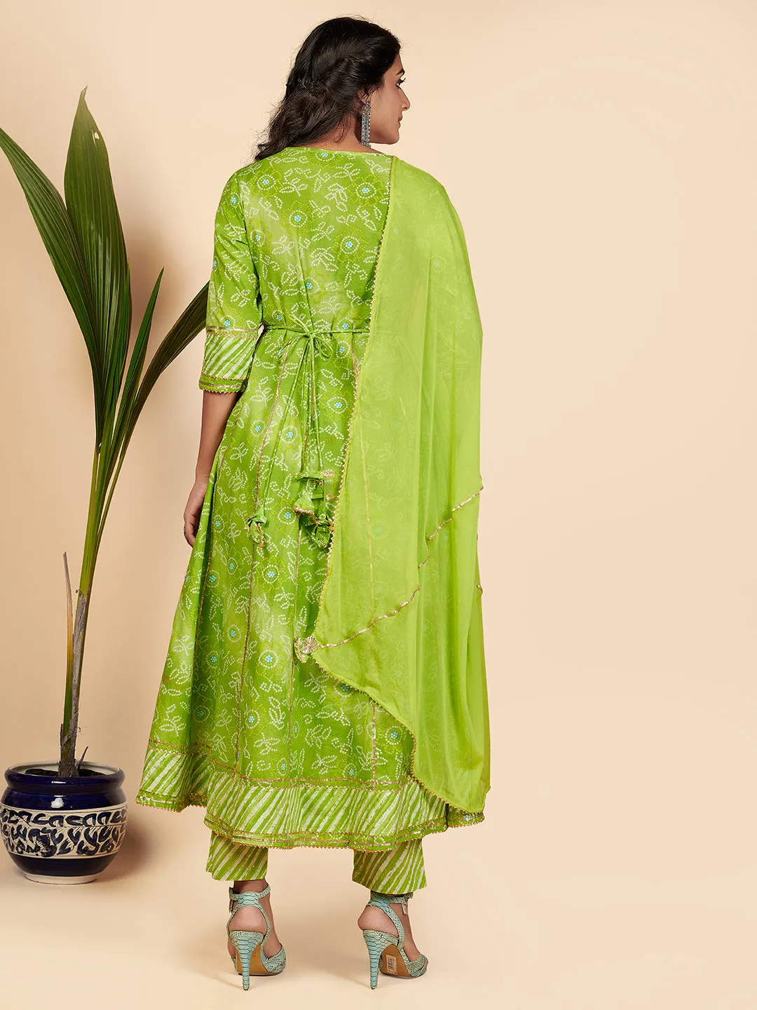 Women'S Bandhani Print & Embroidered Anarkali Cotton Parrot Green Stitched Kurta Pant With Dupatta