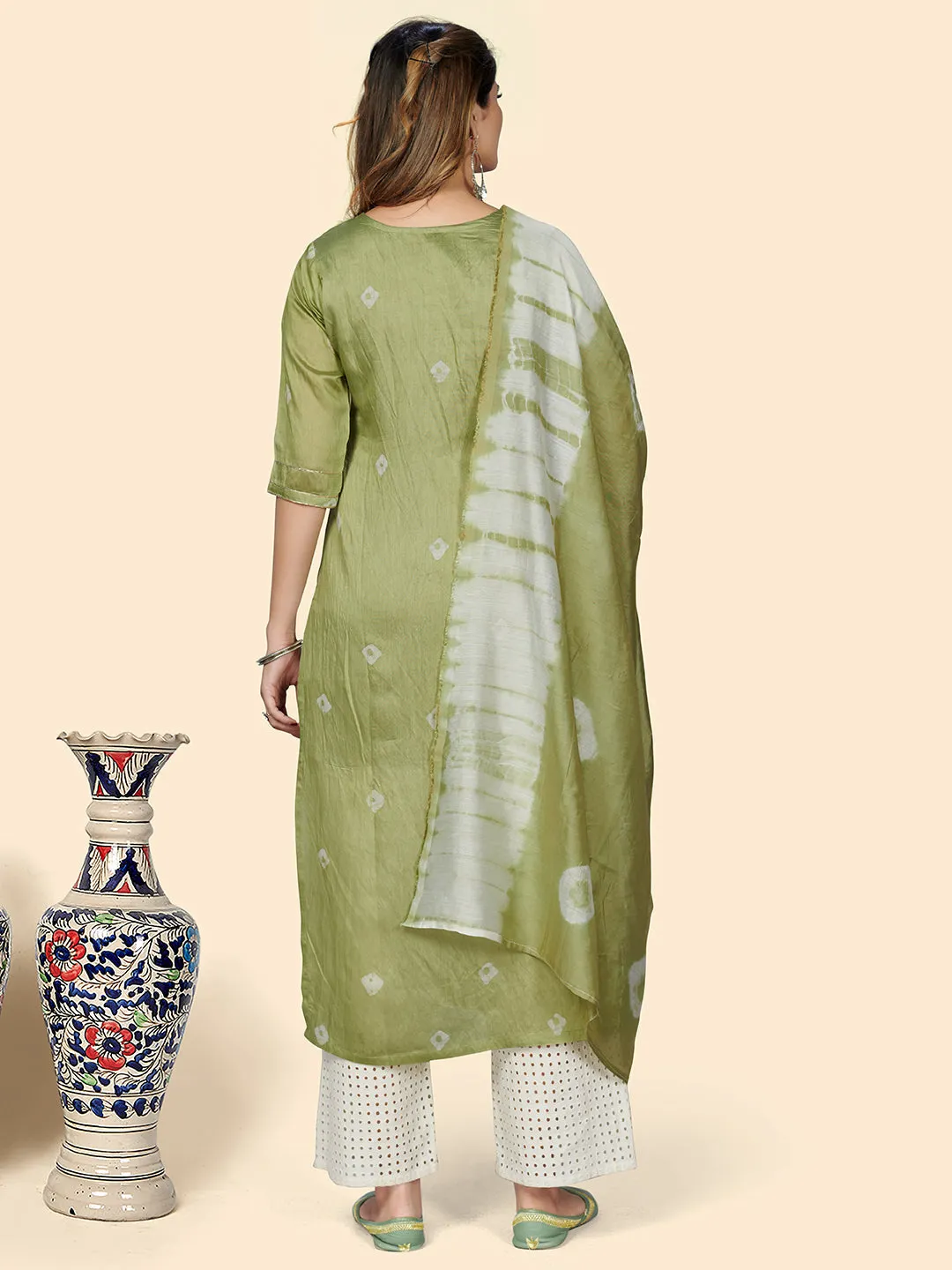 Women'S Batik Print Straight Chanderi Parrot Green Stitched Kurta With Dupatta