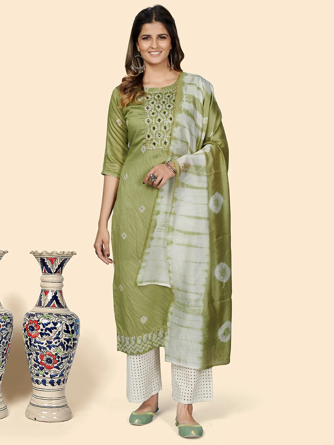 Women'S Batik Print Straight Chanderi Parrot Green Stitched Kurta With Dupatta