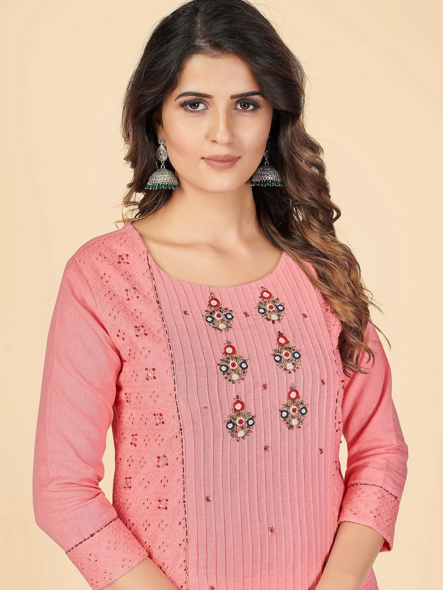 Women'S Chikankari & Embroidered Straight Cotton Peach Stitched Kurta