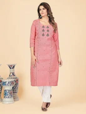 Women'S Chikankari & Embroidered Straight Cotton Peach Stitched Kurta