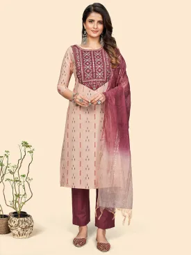 Women'S Embroidered & Mirror Straight Cotton Peach Stitched Kurta Pant With Dupatta