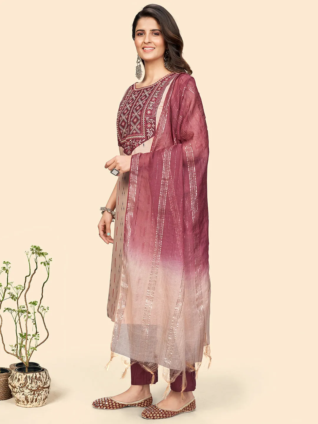 Women'S Embroidered & Mirror Straight Cotton Peach Stitched Kurta Pant With Dupatta