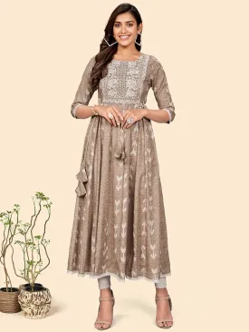 Women'S Embroidered Anarkali Cotton Blend Light Brown Stitched Dress