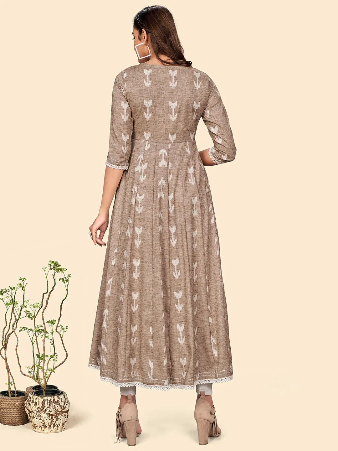 Women'S Embroidered Anarkali Cotton Blend Light Brown Stitched Dress