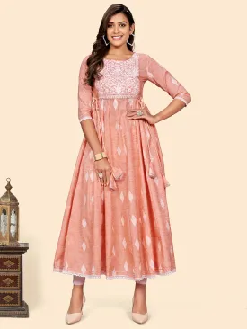 Women'S Embroidered Anarkali Cotton Blend Orange Stitched Dress