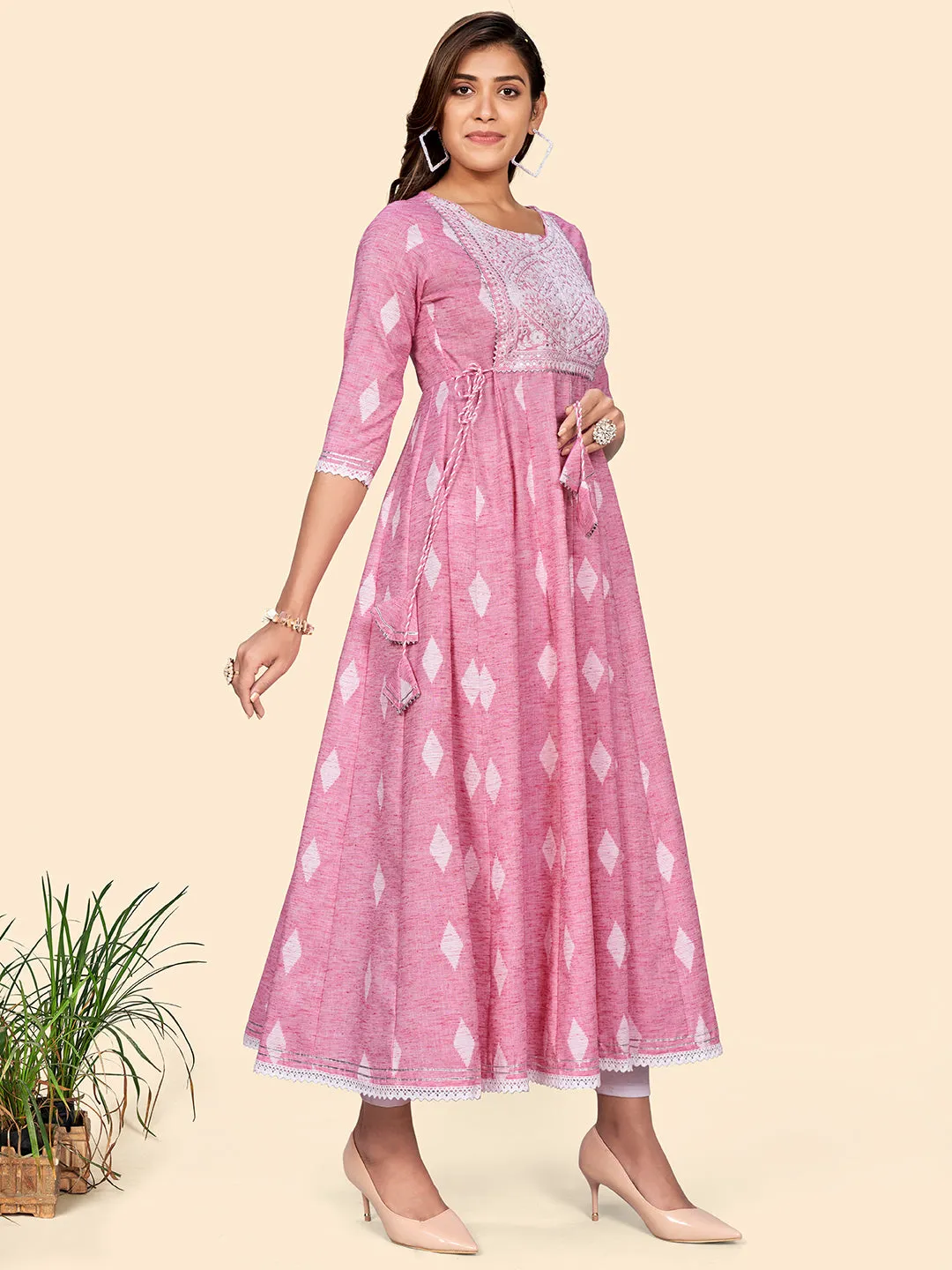 Women'S Embroidered Anarkali Cotton Blend Pink Stitched Dress