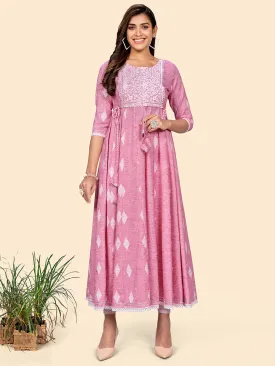 Women'S Embroidered Anarkali Cotton Blend Pink Stitched Dress