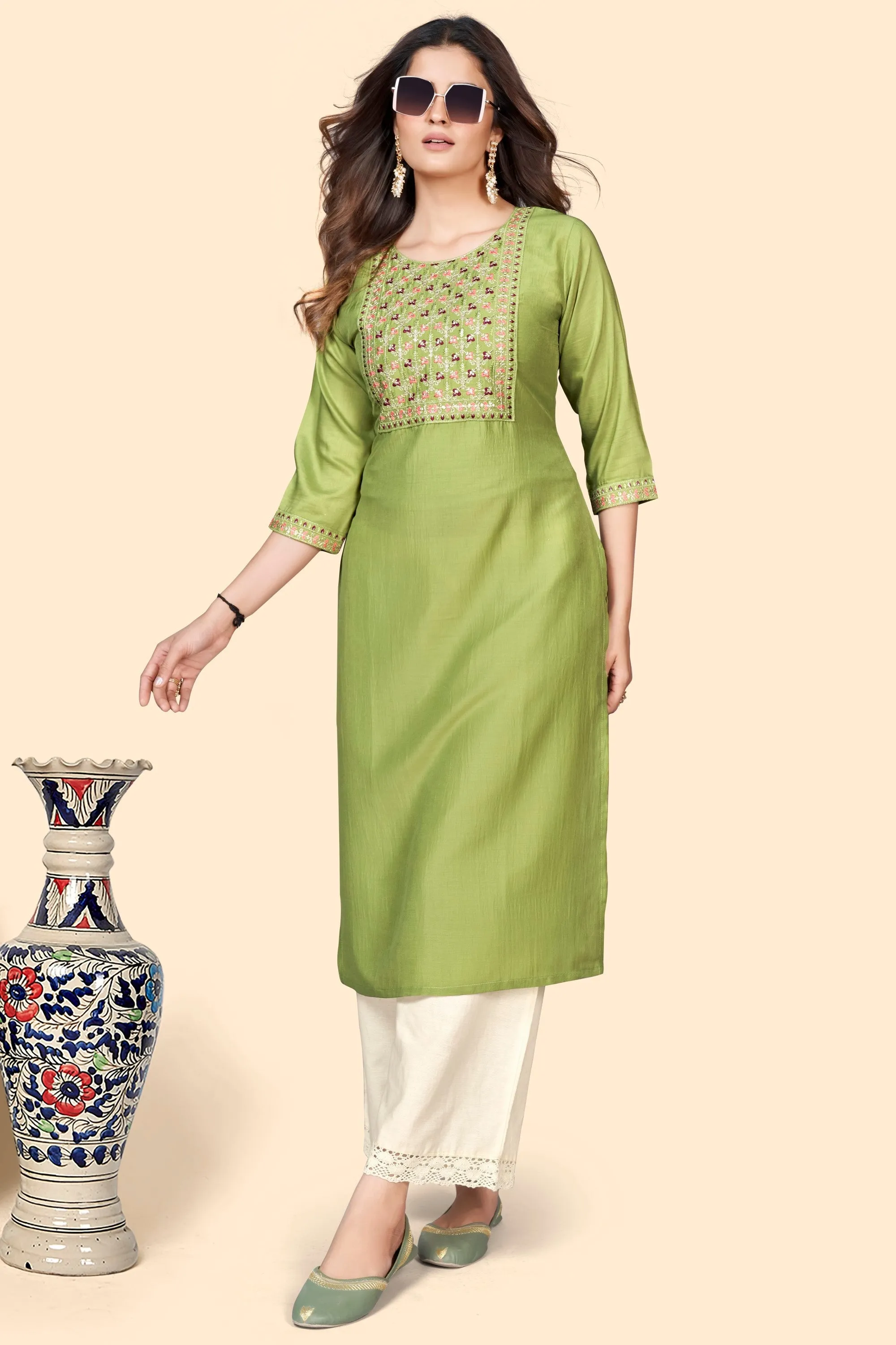 Women'S Embroidered Straight Chinon Pista  Stitched Kurta