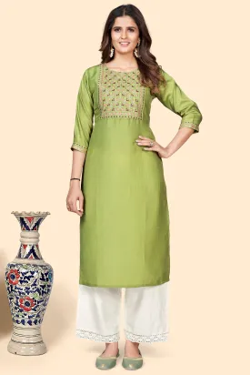 Women'S Embroidered Straight Chinon Pista  Stitched Kurta