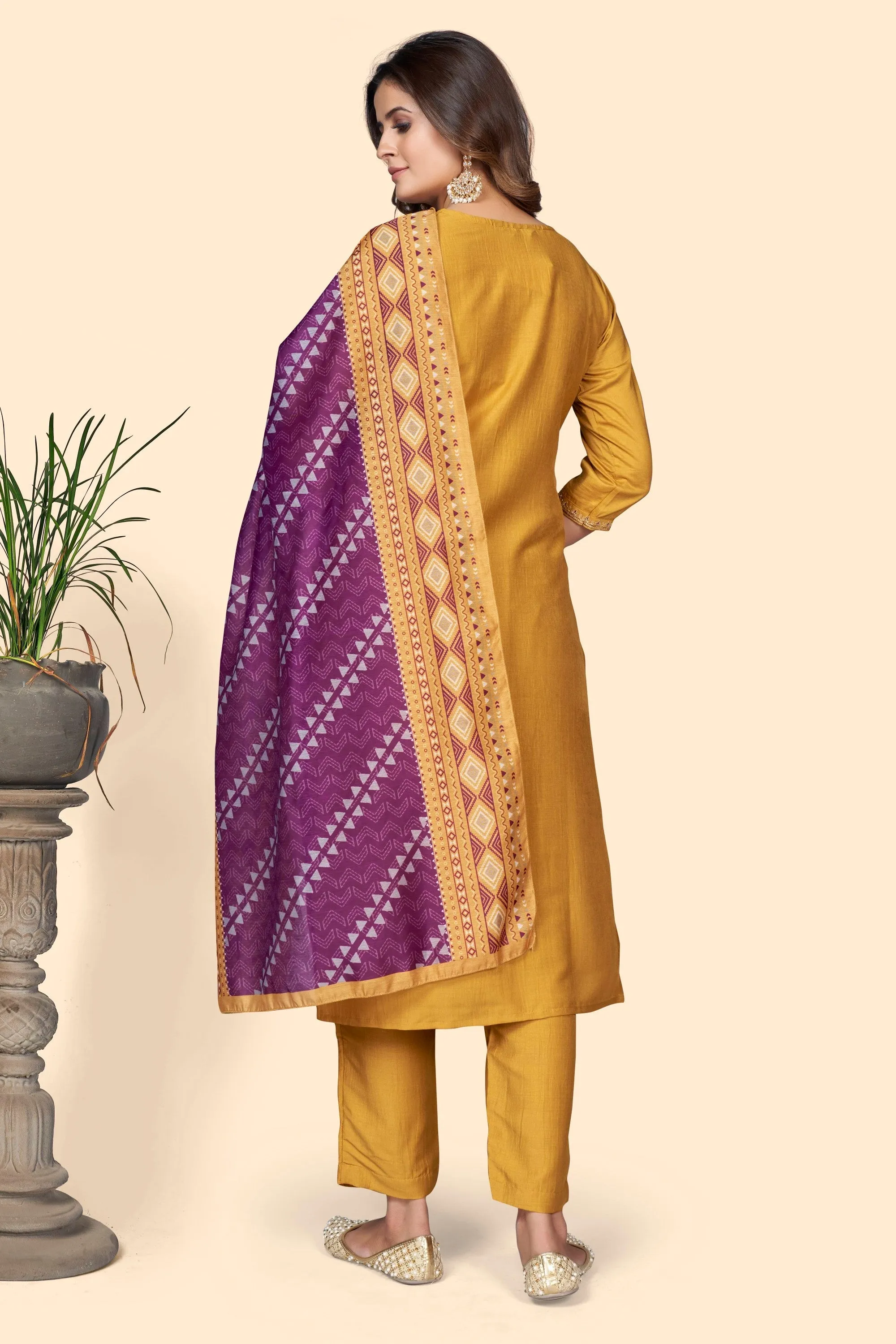 Women'S Embroidered Straight Chinon Yellow Stitched Kurta Pant With Dupatta