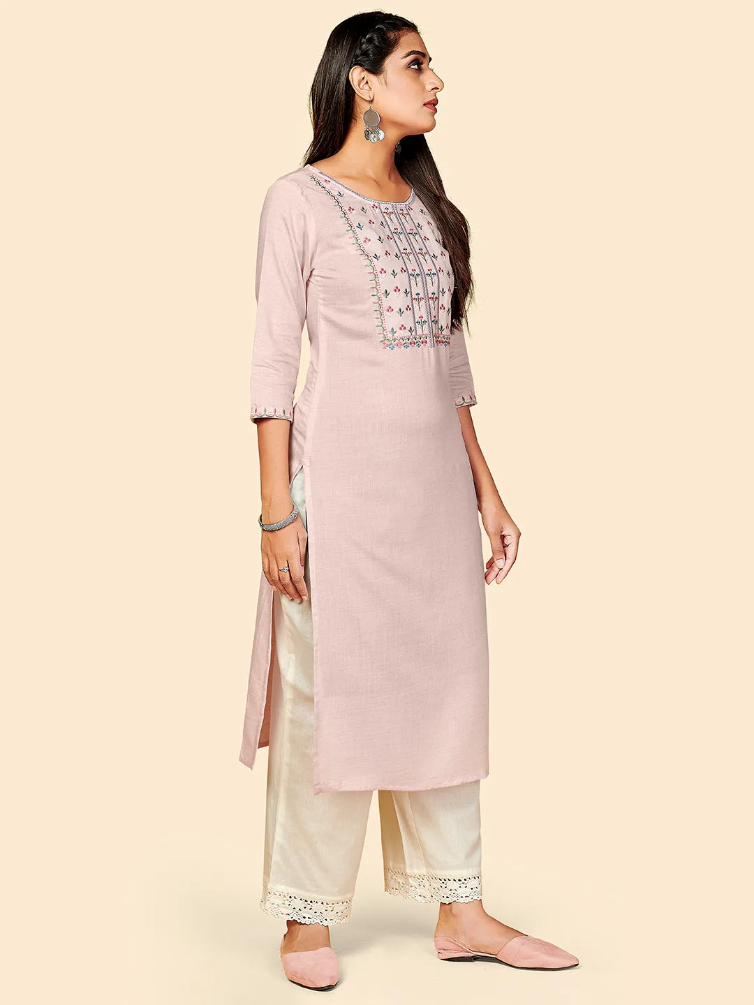 Women'S Embroidered Straight Rayon Light Pink Stitched Kurta