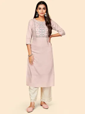 Women'S Embroidered Straight Rayon Light Pink Stitched Kurta