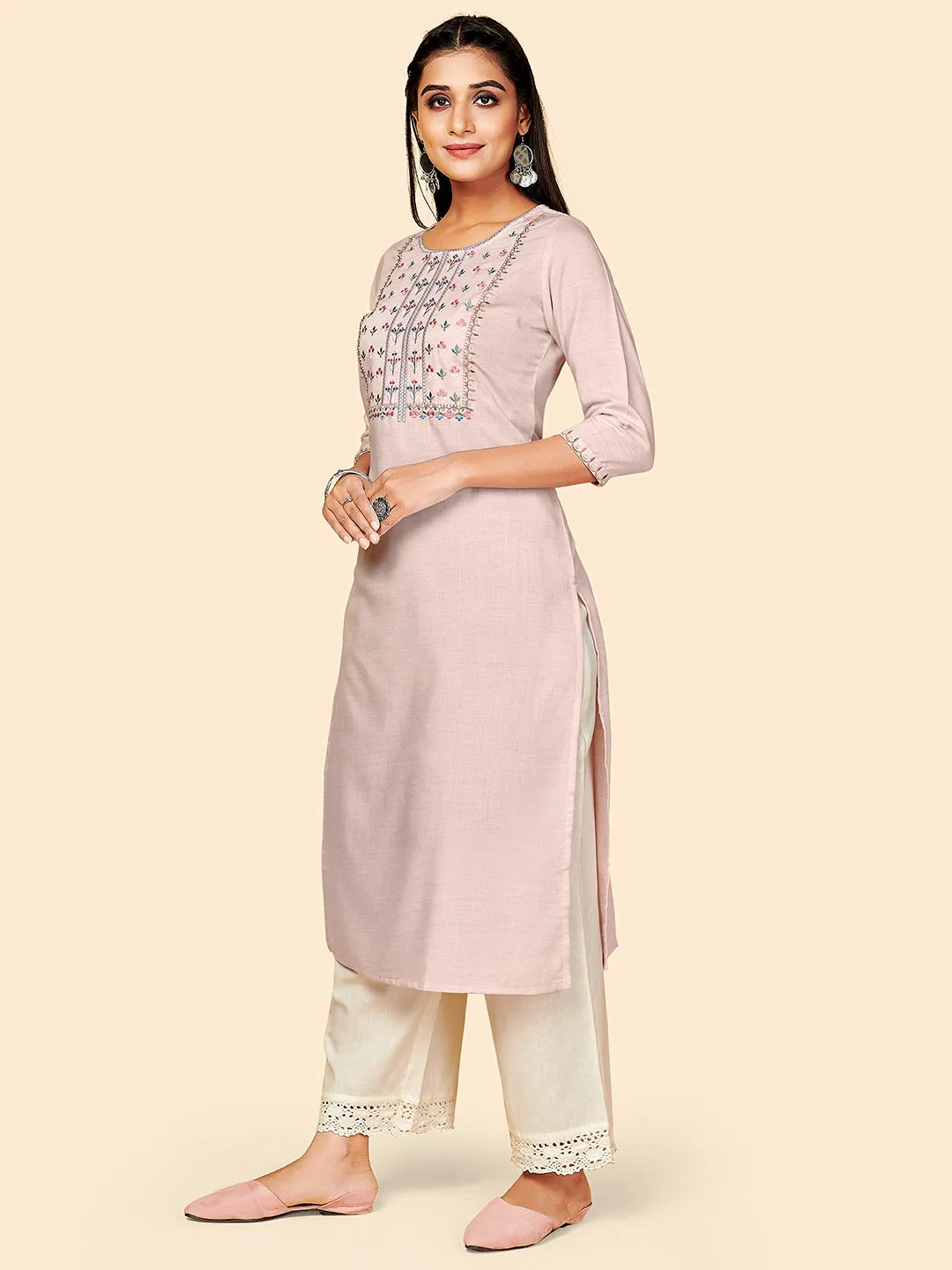 Women'S Embroidered Straight Rayon Light Pink Stitched Kurta