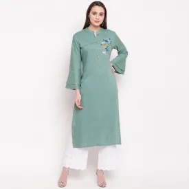 Women'S Embroidered/Solid Straight Rayon See Green Kurti