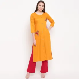 Women'S Embroidered/Solid Straight Rayon Yellow Kurta (1Pc)