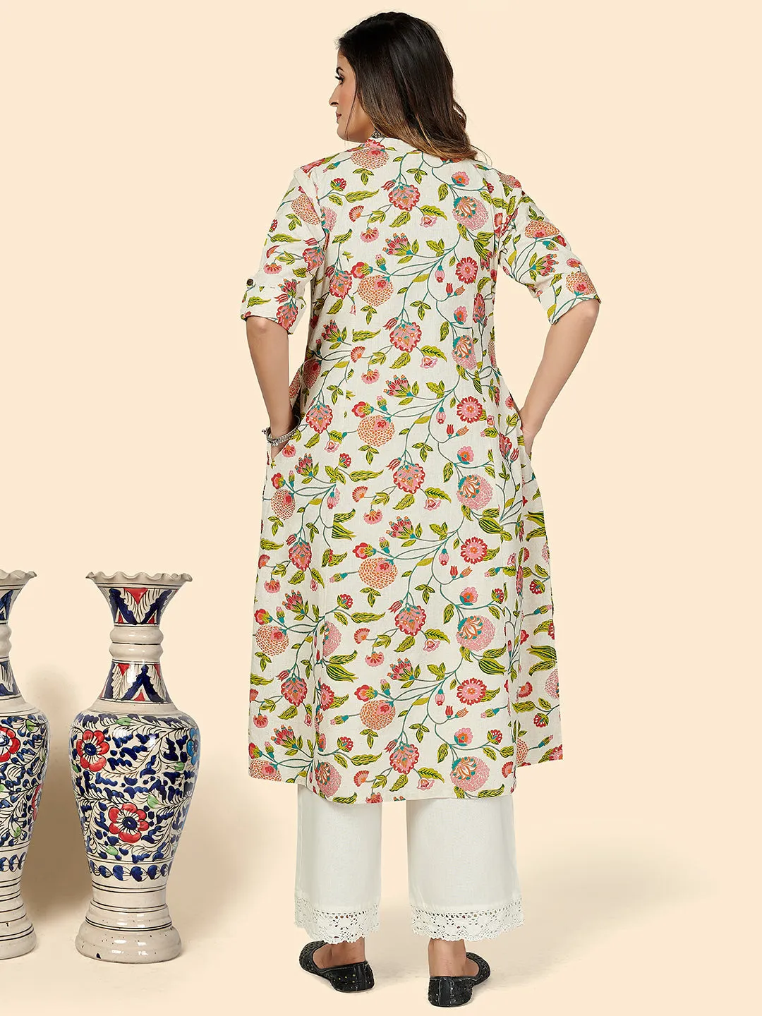 Women'S Floral Print A-Line Cotton Beige Stitched Kurta