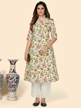 Women'S Floral Print A-Line Cotton Beige Stitched Kurta