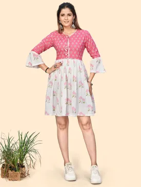 Women'S Floral Print A-Line Cotton Pink & White Stitched Dress