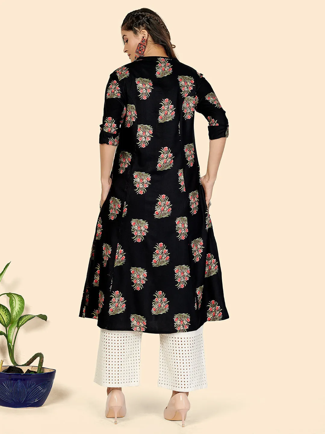 Women'S Floral Print A-Line Rayon Black Stitched Kurta