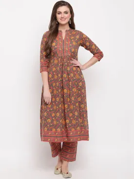 Women'S Floral Print & Hand Work Flared With Side Cut Cotton Grey Kurti