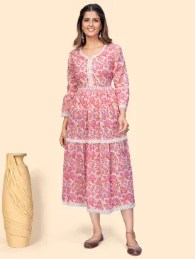 Women'S Floral Print Flared Cotton Pink Stitched Kurta