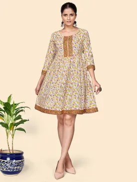 Women'S Floral Print Flared Cotton Yellow Stitched Dress