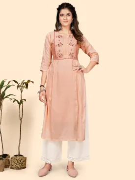 Women'S Hand Work Straight Chanderi Jacquard Peach Stitched Kurta