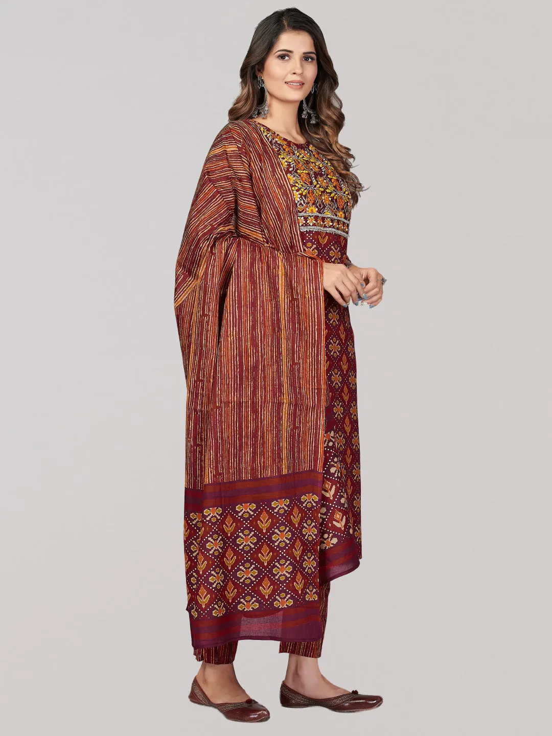 Women'S Patola Print & Embroidered & Mirror Work Straight Cotton Brown Stitched Kurta Pant With Dupatta