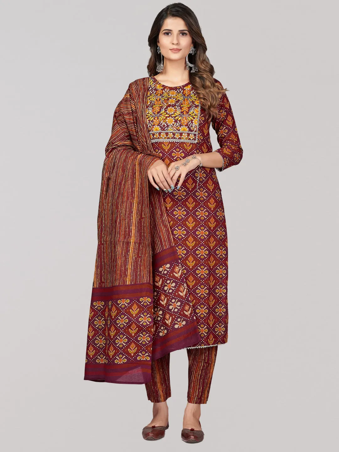 Women'S Patola Print & Embroidered & Mirror Work Straight Cotton Brown Stitched Kurta Pant With Dupatta