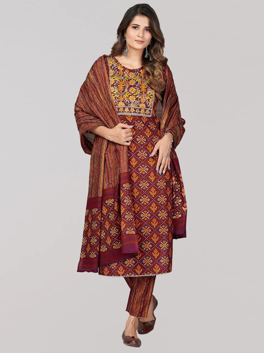 Women'S Patola Print & Embroidered & Mirror Work Straight Cotton Brown Stitched Kurta Pant With Dupatta