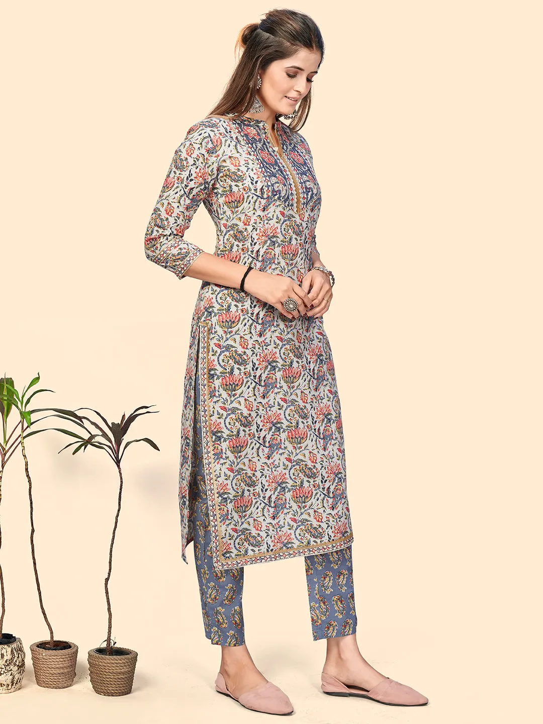 Women'S Print & Embroidered Straight Cotton Light Blue Stitched Kurta Pant With Dupatta