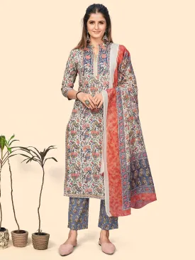 Women'S Print & Embroidered Straight Cotton Light Blue Stitched Kurta Pant With Dupatta