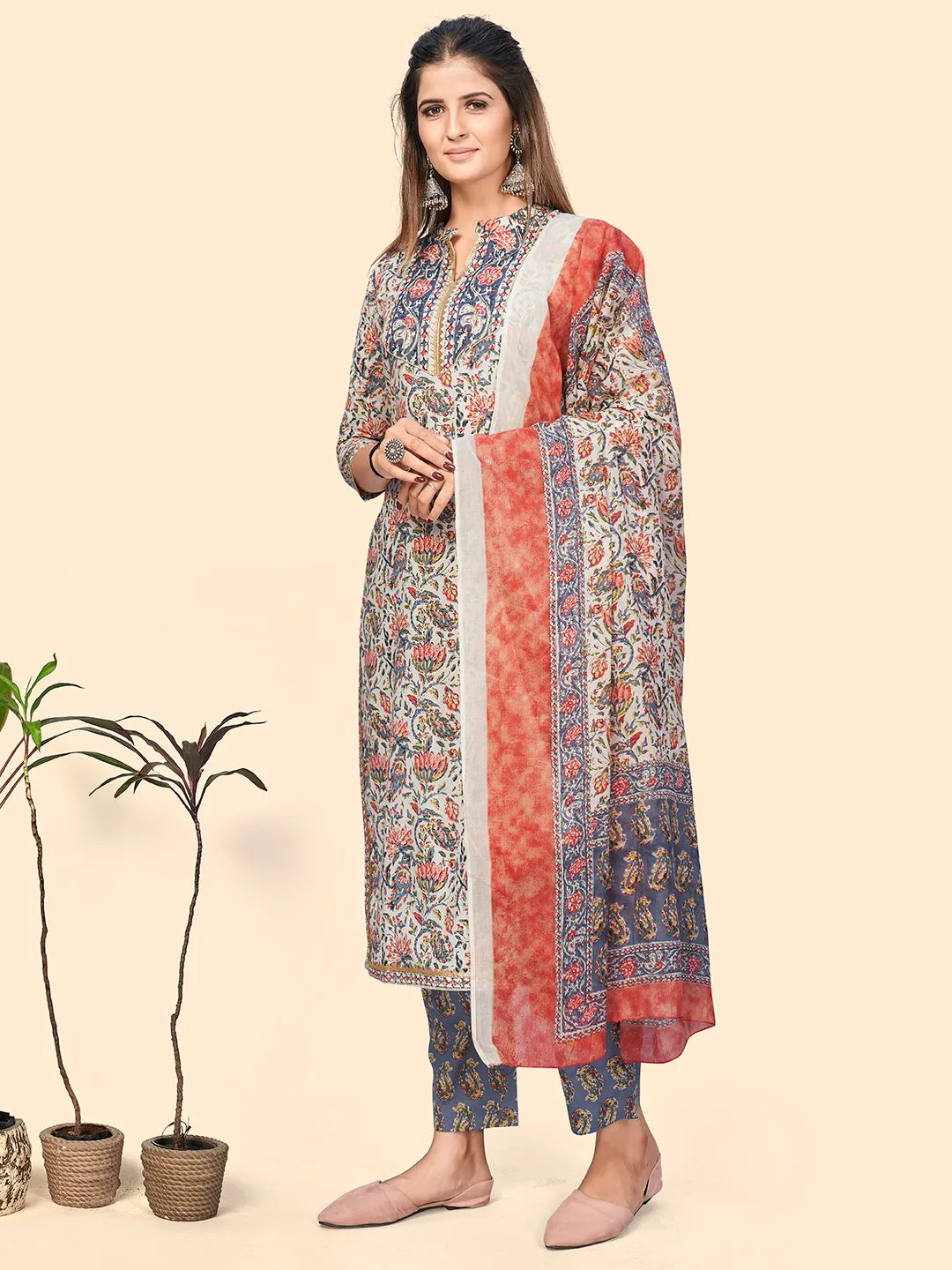 Women'S Print & Embroidered Straight Cotton Light Blue Stitched Kurta Pant With Dupatta