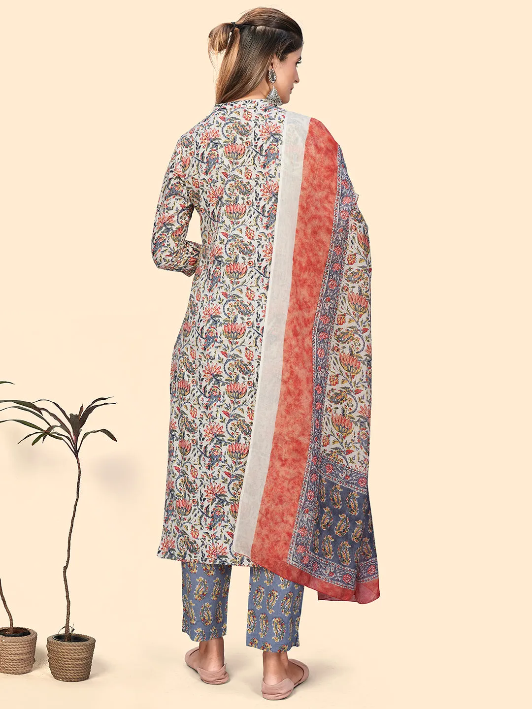 Women'S Print & Embroidered Straight Cotton Light Blue Stitched Kurta Pant With Dupatta