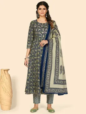 Women'S Print & Gota Patti Anarkali Cotton Blue Stitched Kurta Pant With Dupatta